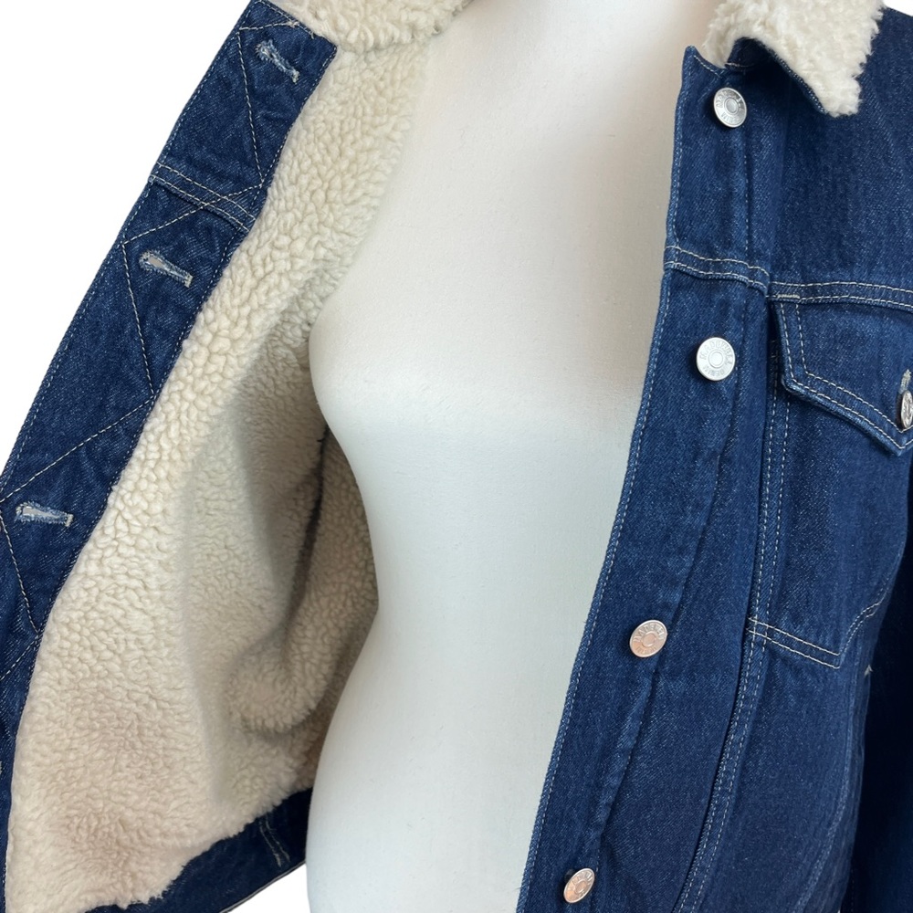 MADEWELL Blue Oversized Trucker Jean Denim Jacket Sherpa Lined Cropped XL NWT - Picture 4 of 15